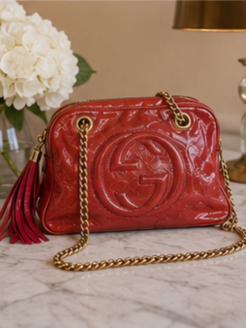 Gucci Soho Patent Leather Chain Shoulder Bag – Coral Red